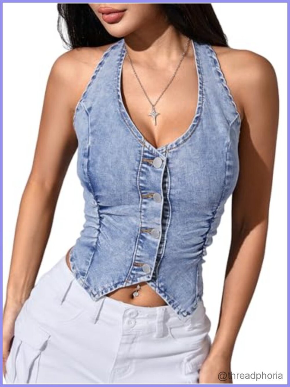 Sleeveless Denim Vest Crop Top Button Front Ruched Asymmetrical Stretch Cotton